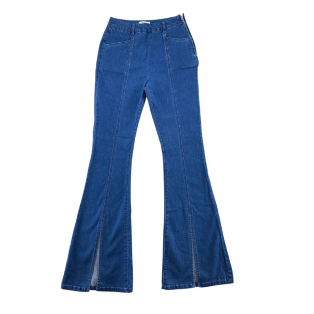 Forever 21 Blue Flare Jeans Womens 27 High Rise Side Zip Stretch Denim Pants - Picture 2 of 5